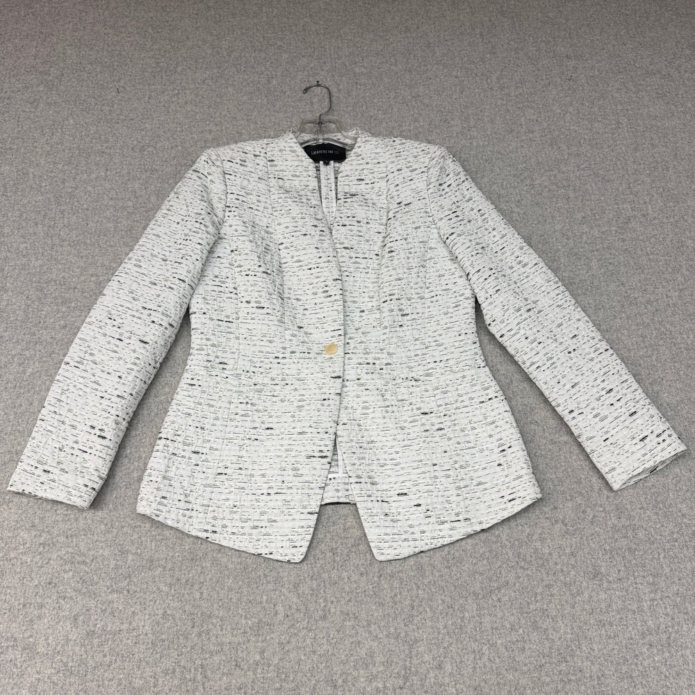 Lafayette 148 New York Blazer Size 2 White Tweed Single Button Collarless Jacket